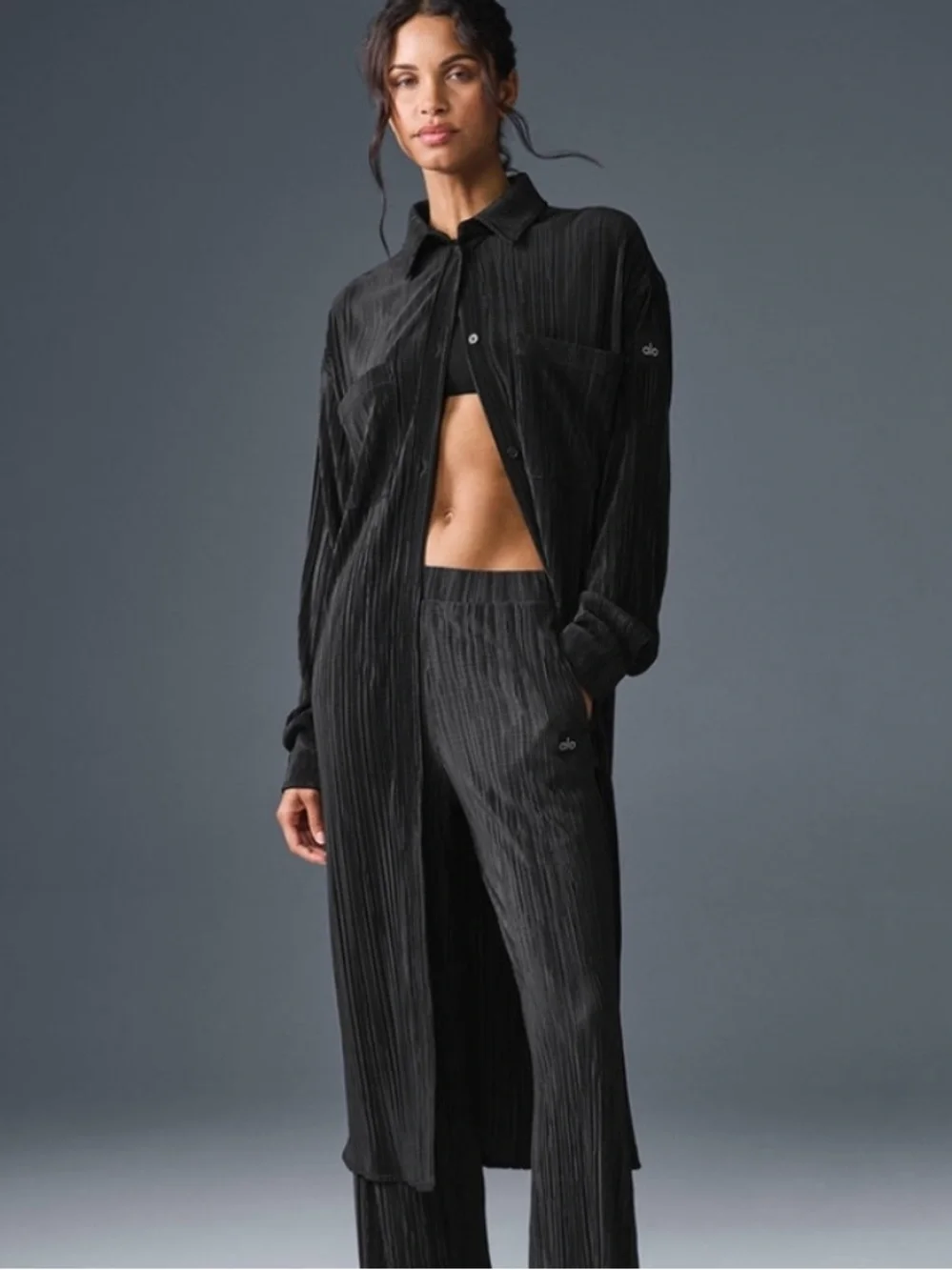 NWOT ALO Yoga Micro Plisse Shirt Dress Black Casual Athleisure Women’s Size XS